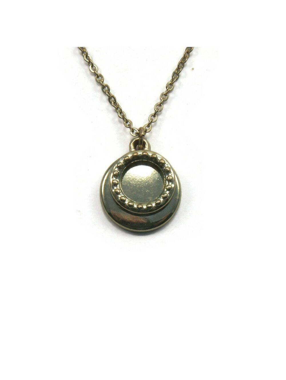 Small Vintage Gold Tone Circle and Disk Pendant on 16 Inch Chain.